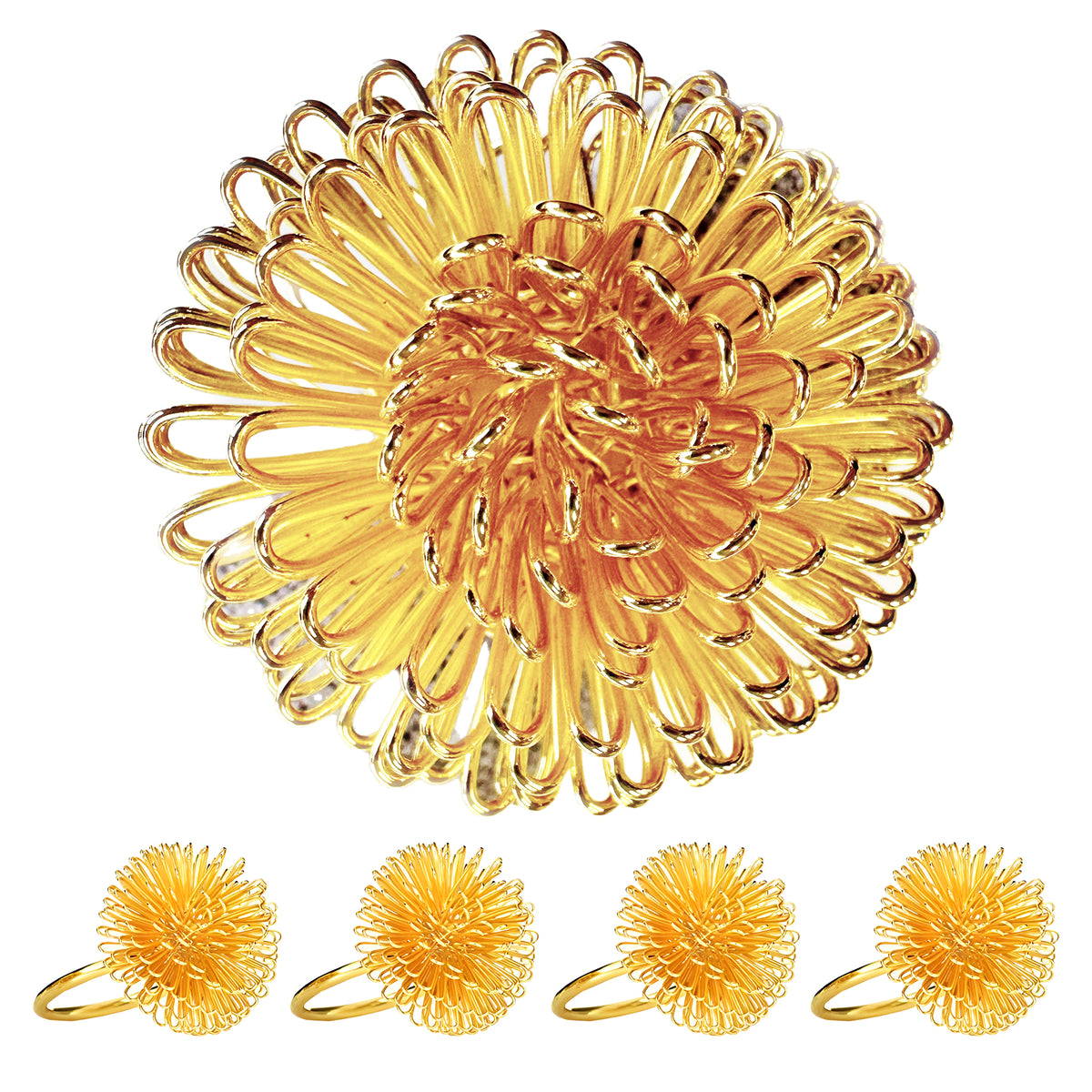Set of four ZWZ-18-127 floral gold napkin rings featuring artistic floral design, perfect for decorative table setting.