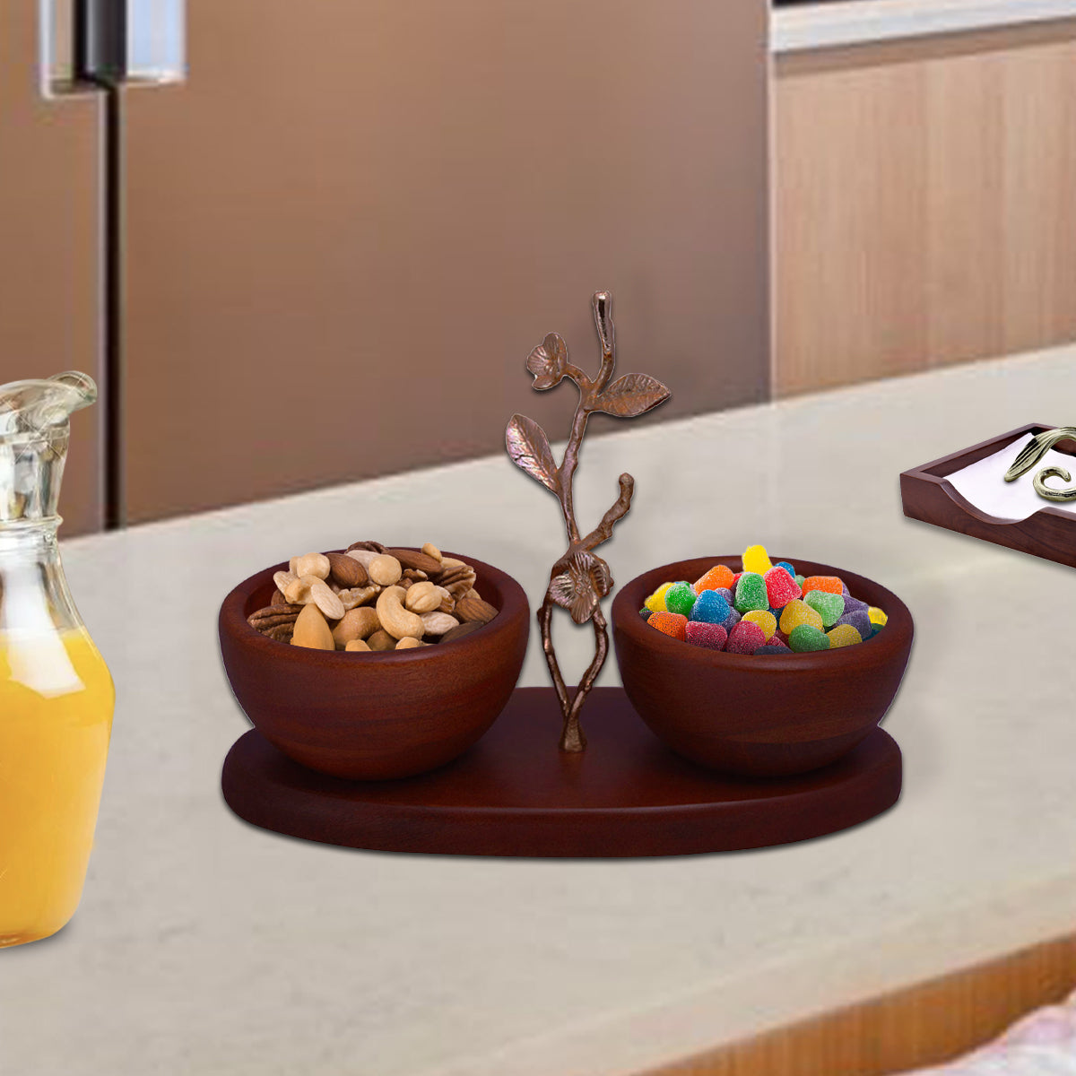 Pair of acacia wood small nut bowls for kitchen décor, showcasing natural wood grain and smooth finish.