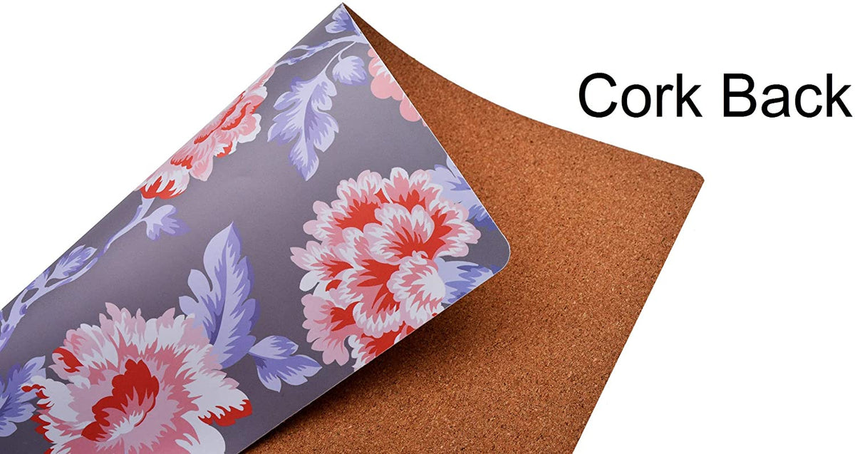 Set of four floral design cork-backed placemats by ATKP-4CK, featuring colorful flower patterns on durable cork surfaces.