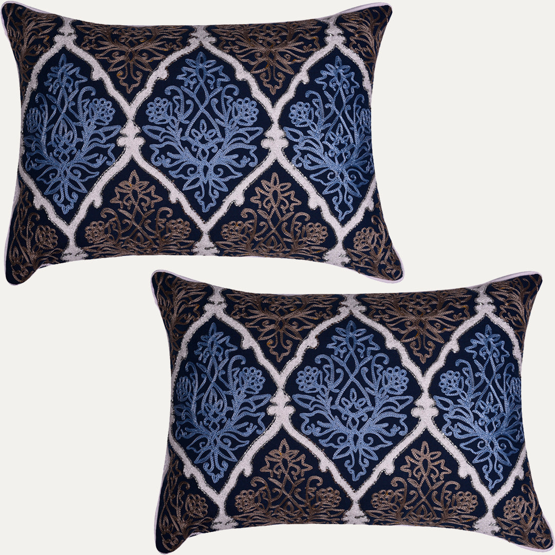 Set of 4 blue and brown throw pillow covers, 14x20 inches, made by CU6071-35, featuring stylish fabric and modern design.
