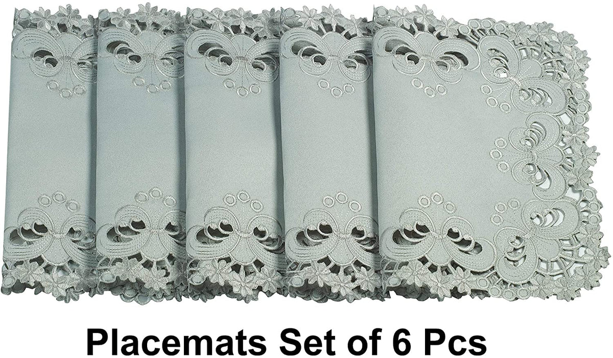 Set of six linen placemats from the Creola Collection featuring elegant European embroidery, designed by FL3412-PM.