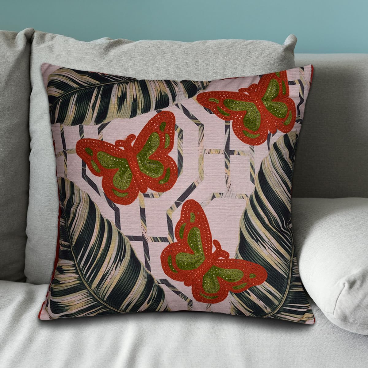 Butterfly printed design throw pillow cover from LD2018056, featuring vibrant butterfly patterns on soft cushion fabric.