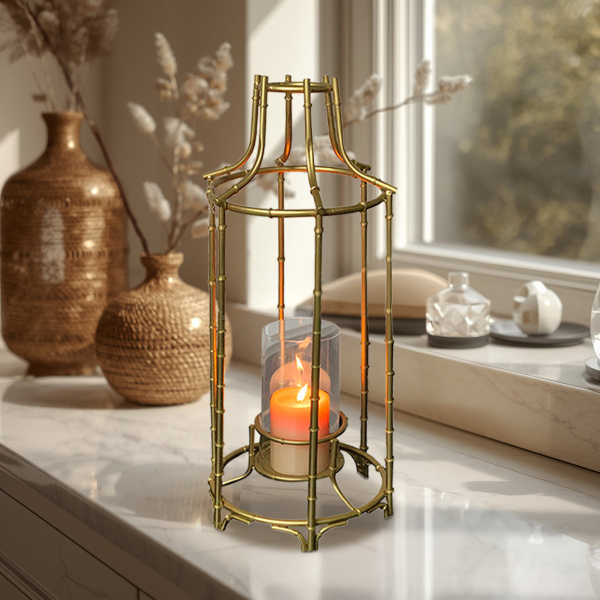Gold Metal Frame and Glass Candle Holder Lantern
