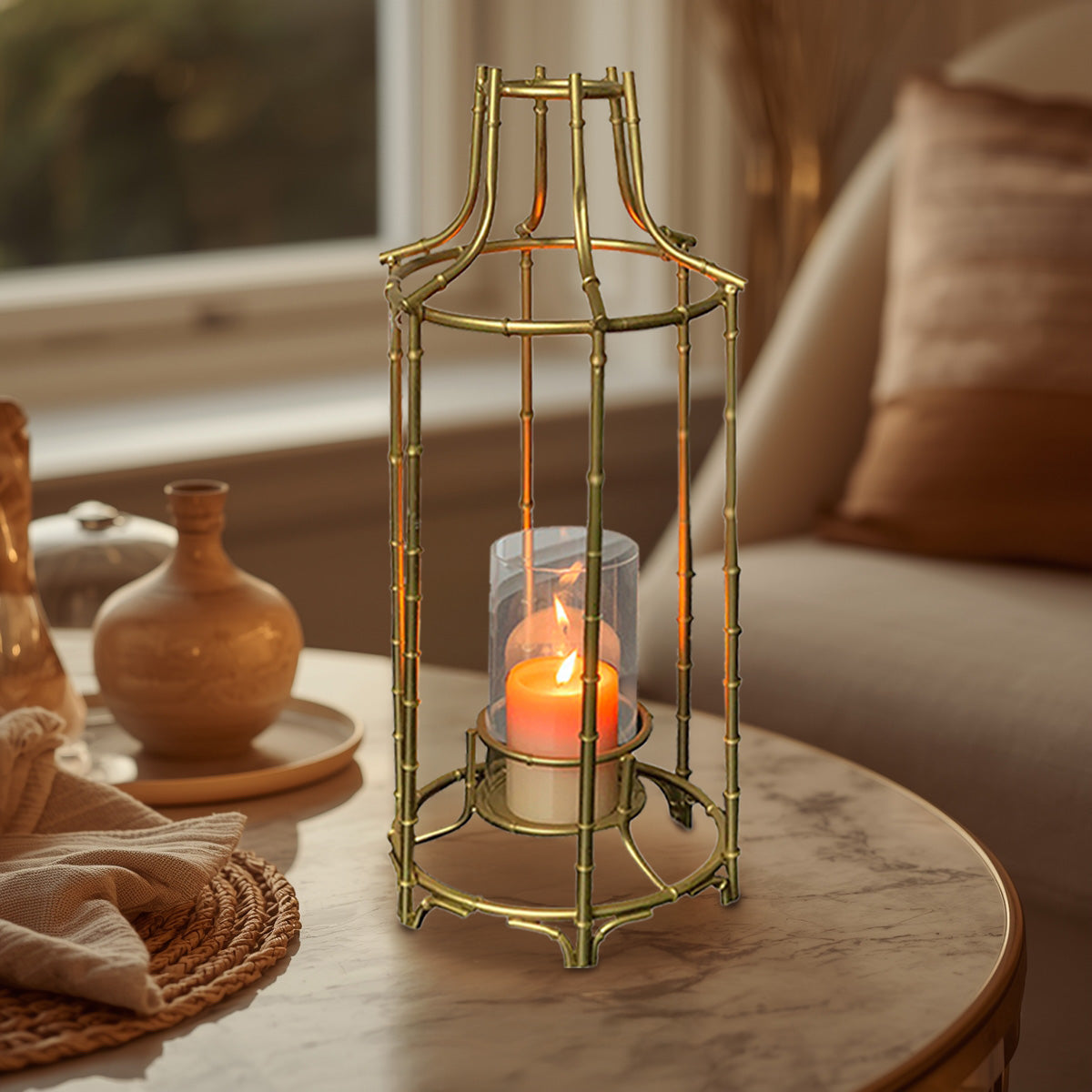 Gold Metal Frame and Glass Candle Holder Lantern