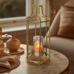 Gold Metal Frame and Glass Candle Holder Lantern