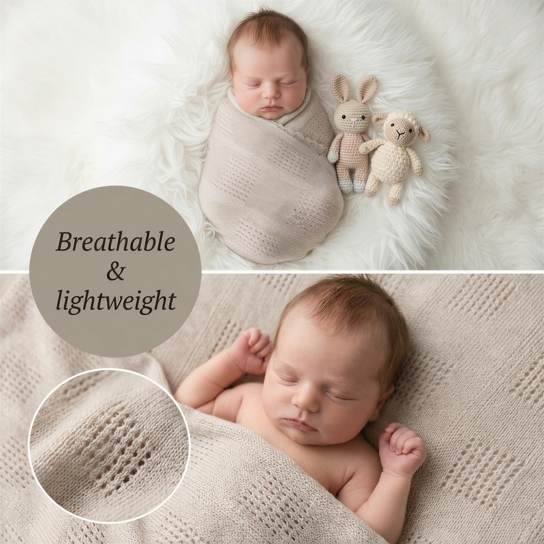 A newborn baby swaddled in a light beige blanket, with a stuffed lamb and a stuffed rabbit nearby. The image also includes a close-up of the blanket's texture.