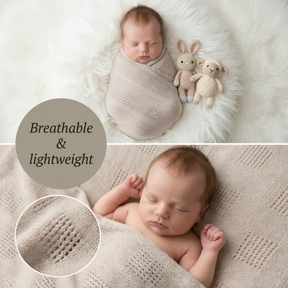 A newborn baby swaddled in a light beige blanket, with a stuffed lamb and a stuffed rabbit nearby. The image also includes a close-up of the blanket's texture.