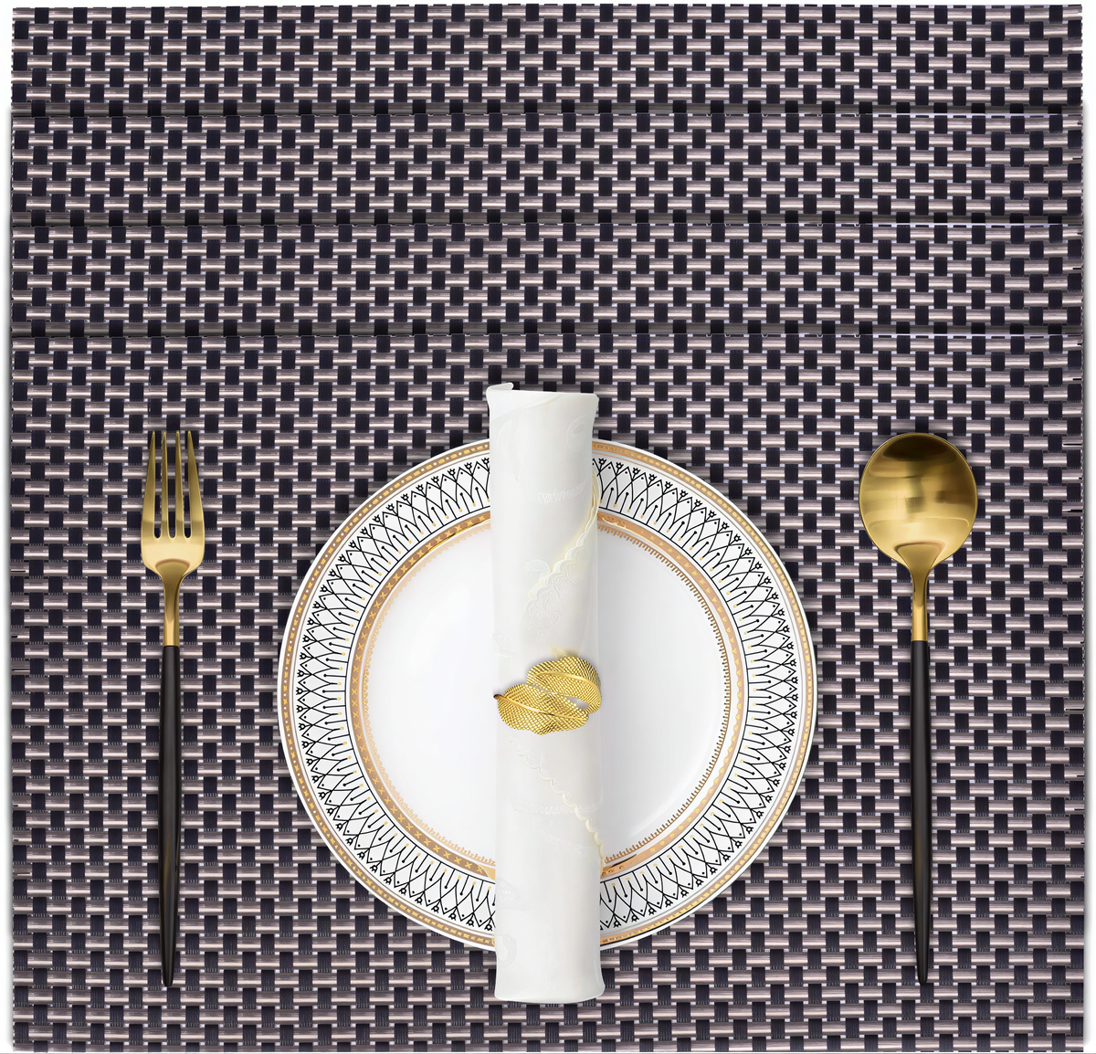 Black and gold PVC placemats by Decozen, heat-resistant, washable vinyl table protectors, 18x12 inches for indoor and outdoor use.