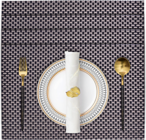Black and gold PVC placemats by Decozen, heat-resistant, washable vinyl table protectors, 18x12 inches for indoor and outdoor use.