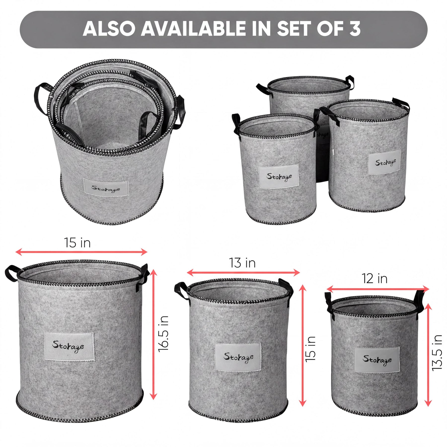 Set of 3 gray felt laundry hampers and storage bins by 4629, showcasing durable, stylish laundry organization solutions.