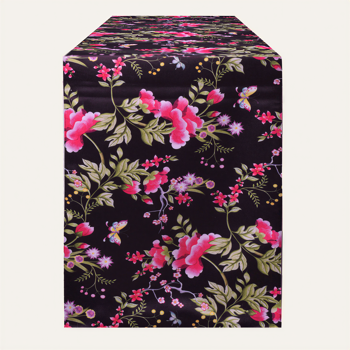 Printed table runner by RN-6, Saku Black design, featuring a stylish black printed pattern on fabric for elegant table decor.