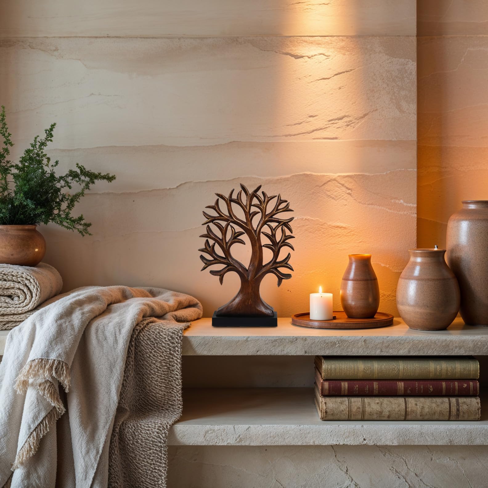 Large hand-carved wooden Tree of Life sculpture by Decozen Luxe, detailed wooden décor piece for home or gift decor.