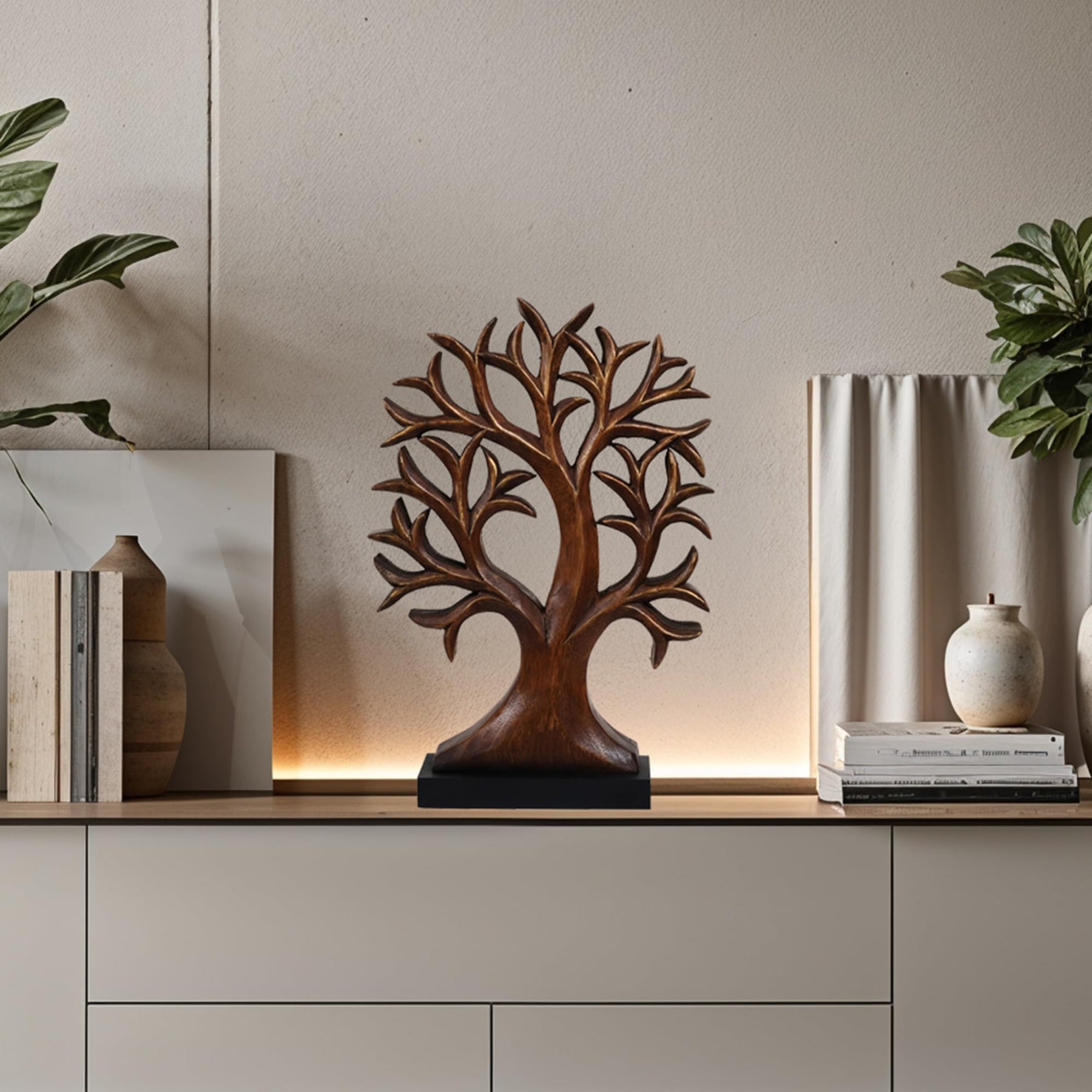 Large hand-carved wooden Tree of Life sculpture by Decozen Luxe, decorative wooden décor for home or gift.