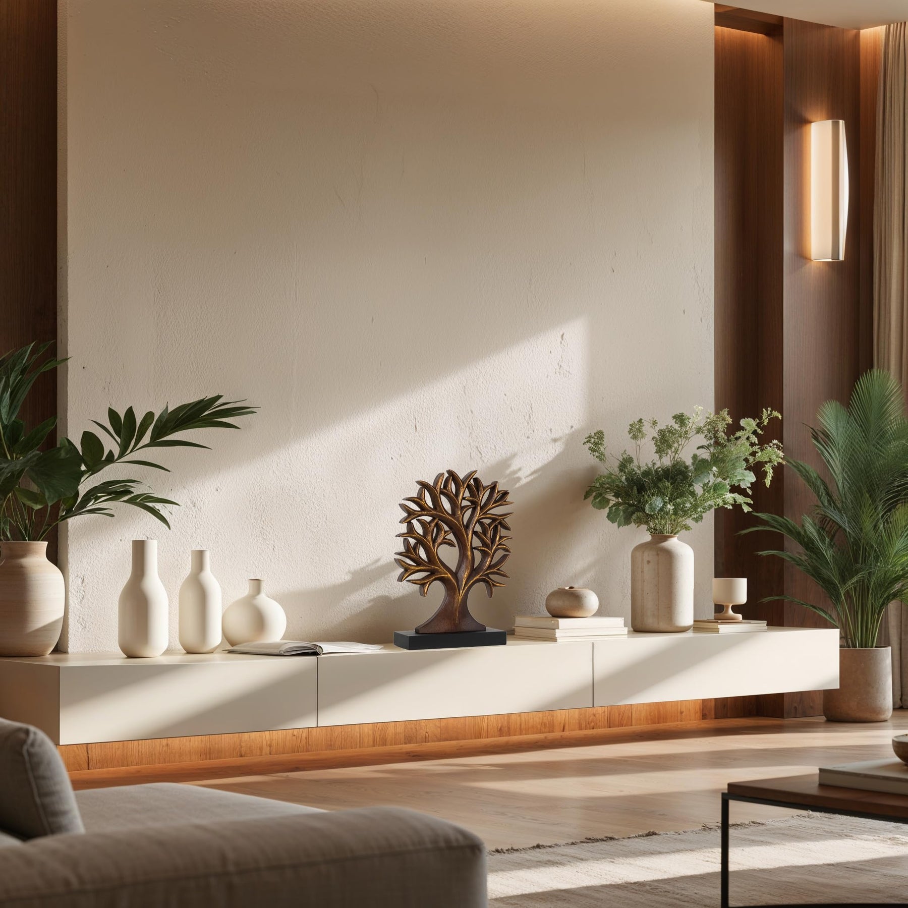Large hand-carved wooden Tree of Life sculpture from Decozen Luxe, detailed natural wood décor for home or gift.