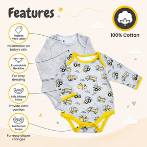 The image is a collage of two baby onesies, one striped and one with a truck pattern, highlighting their features and benefits.