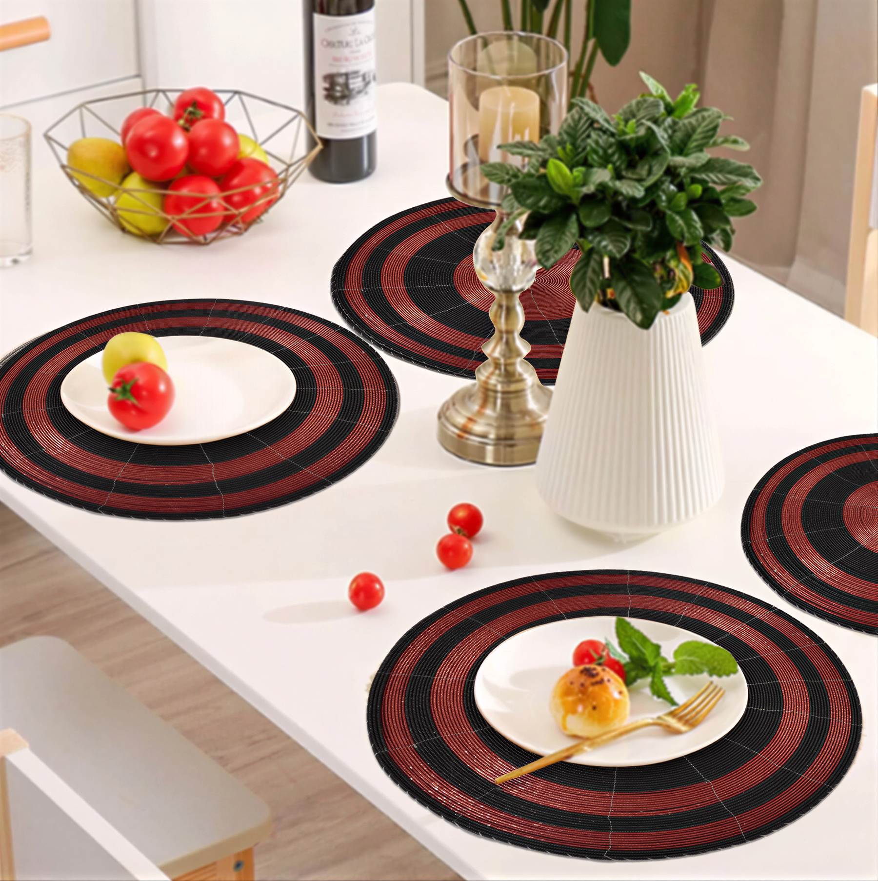 Set of four Charlier Grace beaded placemats from BD Collection, 14-inch decorative dining table decor featuring elegant beaded design.