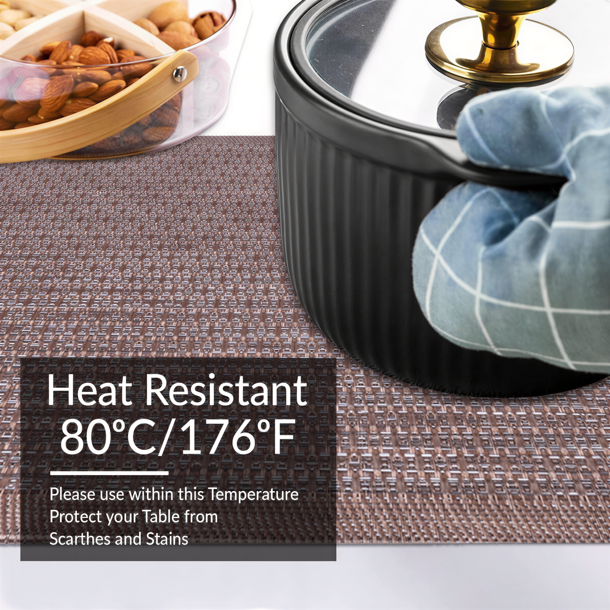 Brown gold PVC Decozen placemats, 18x12 inches, heat-resistant and washable table protectors for indoor and outdoor use.