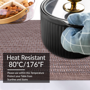 Brown gold PVC Decozen placemats, 18x12 inches, heat-resistant and washable table protectors for indoor and outdoor use.
