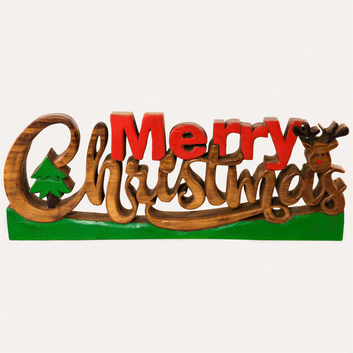 Hand-carved wooden sculpture titled Merry Spirit, a handmade decorative holiday accent by LAY005, showcasing intricate woodwork.