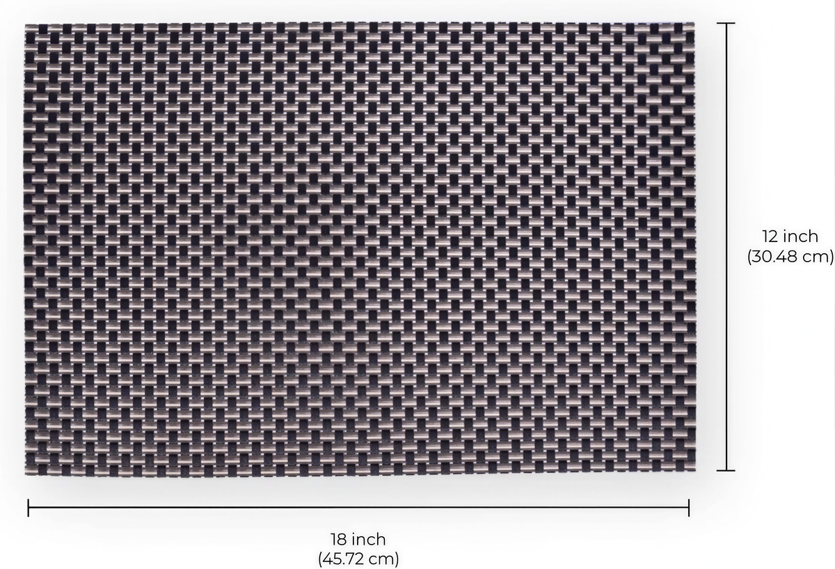 Black and gold PVC placemats with a decorative pattern, heat-resistant, washable, and wipeable, 18x12 inches for indoor and outdoor use.