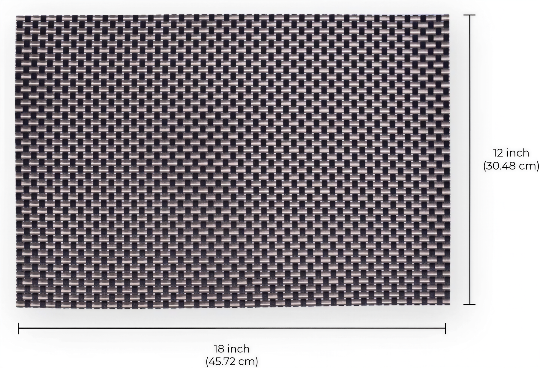 Black and gold PVC placemats with a decorative pattern, heat-resistant, washable, and wipeable, 18x12 inches for indoor and outdoor use.