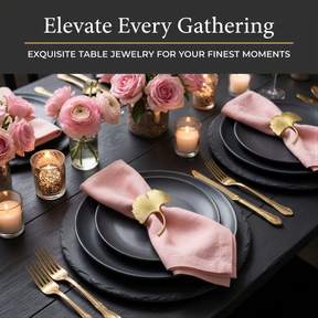 The image showcases an elegant dining table setting with a black tablecloth, gold-colored plates, and pink napkins. The table is adorned with pink roses, gold candle holders, and gold-colored cutlery, creating a sophisticated and inviting atmosphere.