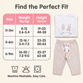 The image is a size chart for children's clothing, including a white t-shirt and a pair of pajama pants. The chart provides measurements for different age groups, such as 0-3 months, 3-6 months, 3-6 years, and 6-9 months, along with corresponding weight and height values. The chart also includes icons for machine washable, easy care, and dry clean, indicating the care instructions for the clothing items.