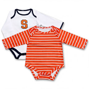 two baby onesies, one striped and one plain white, both with long sleeves.