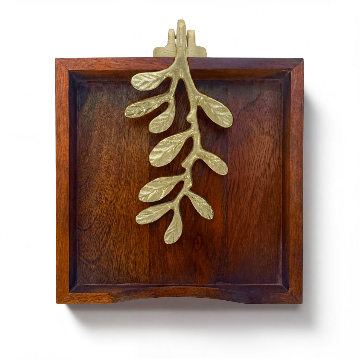 Solid wood napkin holder with gold finish ornament, stylish napkin dispenser for elegant table settings.