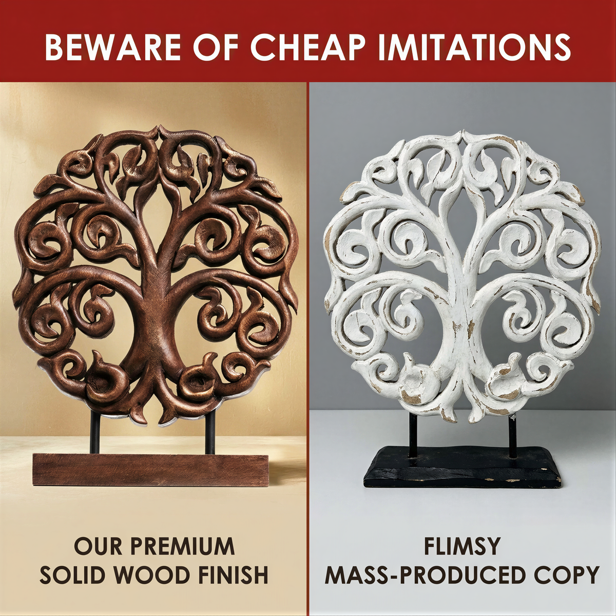 two decorative tree-shaped objects, one brown and one white, both featuring intricate designs. The brown tree is placed on a brown stand, while the white tree is placed on a black stand. The text above the image warns about the dangers of buying cheap imitations, cautioning that these imitations may not be of the same quality as the original.