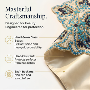 The image is a close-up of a hand-sewn glass beaded table runner, highlighting its craftsmanship and features such as hand-sewn glass, brilliant shine and heavy-duty durability, heat-resistant protection, and satin backing.