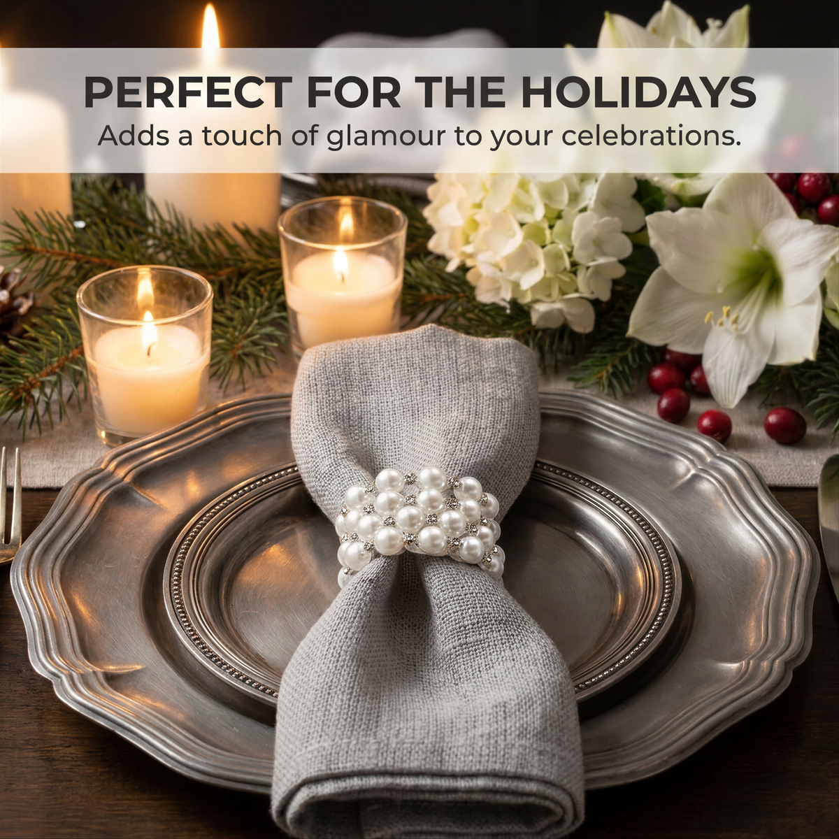 a beautifully set table with a silver plate, a napkin ring, and candles. The text overlay suggests that the image is promoting a product or service related to holiday celebrations, as it describes the table setting as "perfect for the holidays" and "adds a touch of glamour to your celebrations."