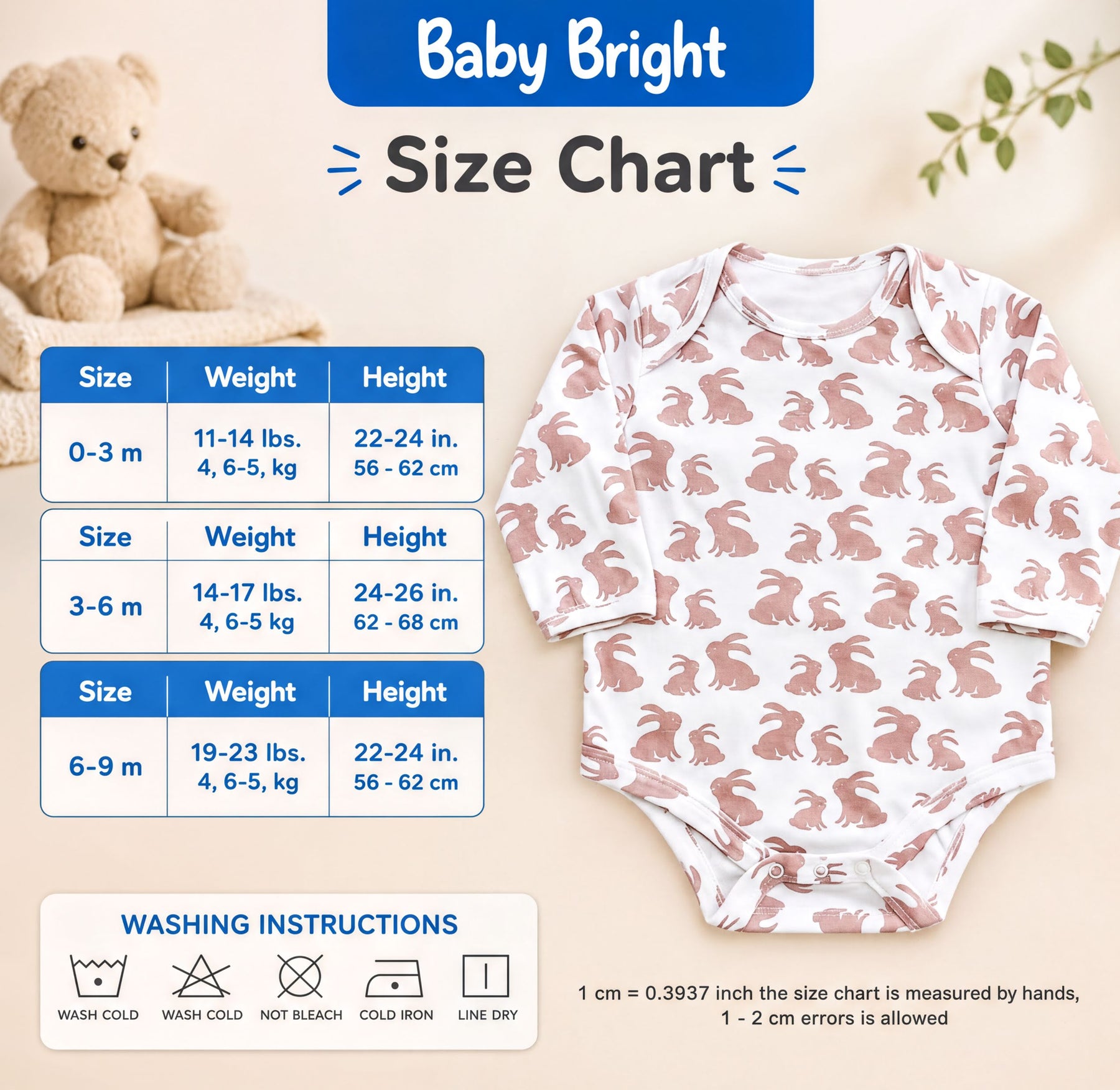 The image is a size chart for a baby, with a teddy bear and a baby outfit on display. The chart provides measurements for different age groups, including 0-3 months, 3-6 months, 3-6 m, and 6-9 m. The chart also includes washing instructions for the baby's clothing.