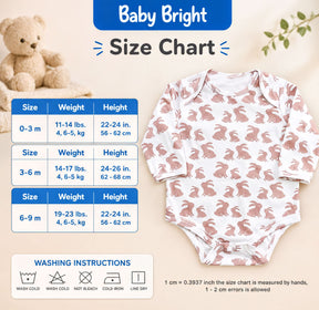 The image is a size chart for a baby, with a teddy bear and a baby outfit on display. The chart provides measurements for different age groups, including 0-3 months, 3-6 months, 3-6 m, and 6-9 m. The chart also includes washing instructions for the baby's clothing.