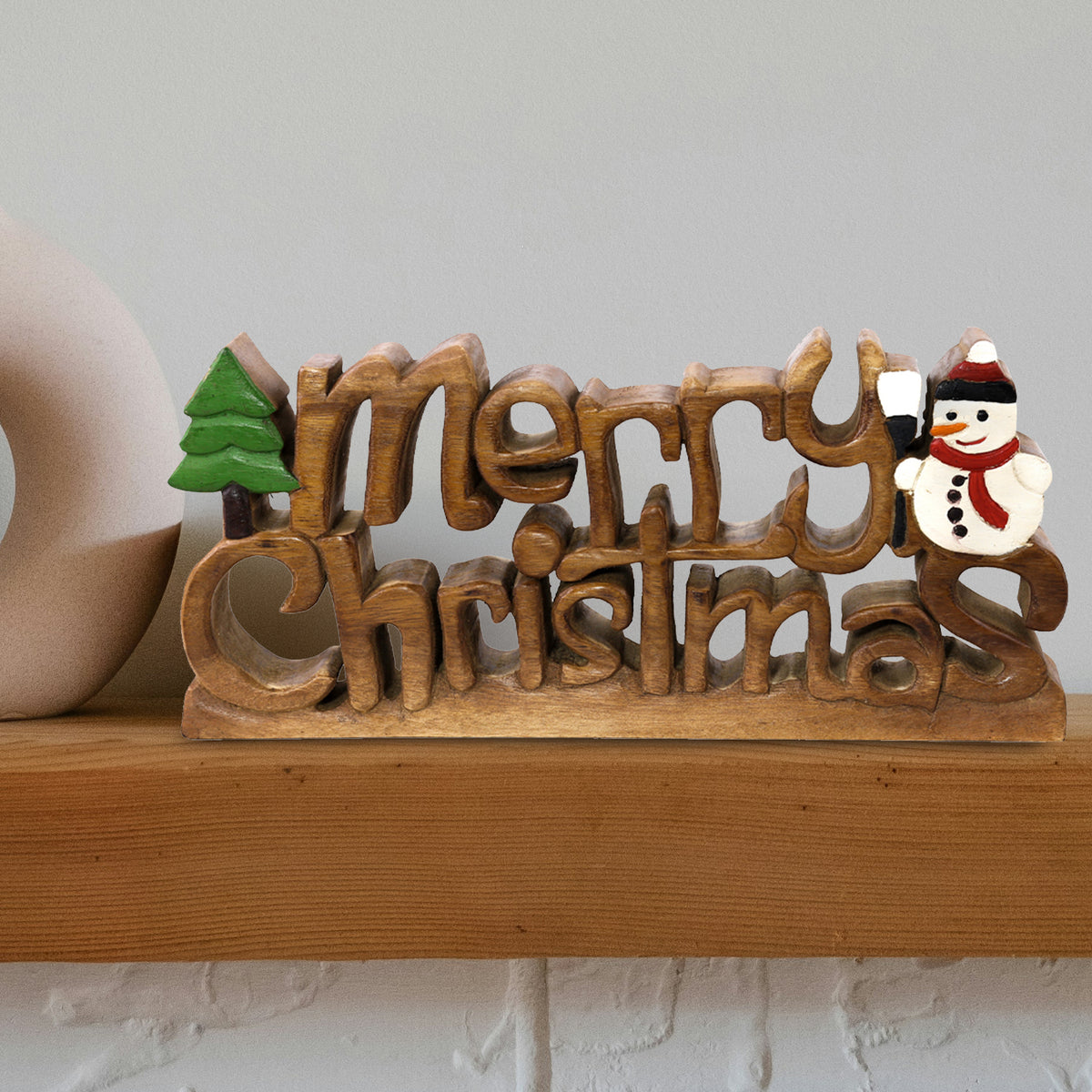 Merry Christmas Handmade Wooden Sculpture