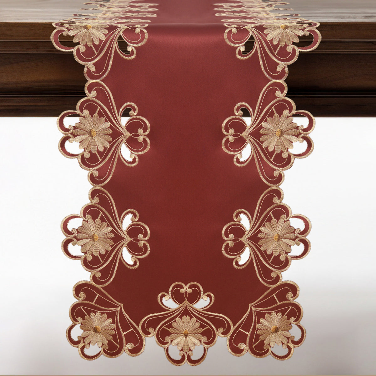 Decozen Gold Lace Red Table Runner - European Embroidery Dresser Decor Scarf for Home, Kitchen, Dining, and Wedding - 14 x 108 Inches - Valentines Day Decor - The Imperial Red Collection