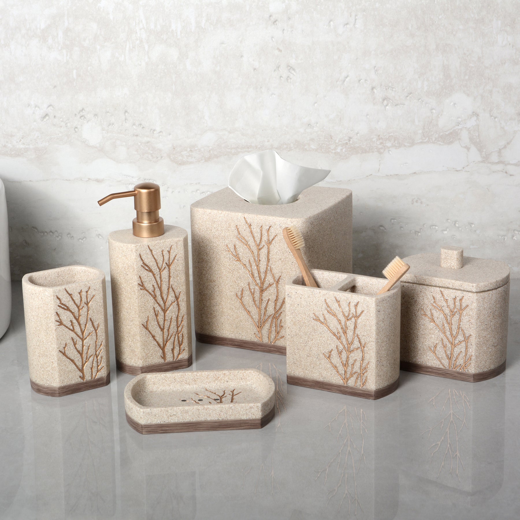 Decozen Bathroom Accessories Set – Soap Dispenser, Toothbrush Holder, Tumbler, Soap Dish, Cotton Swab Jar & Toilet Brush – Modern Bathroom Decor Set (Kent) 6 pcs