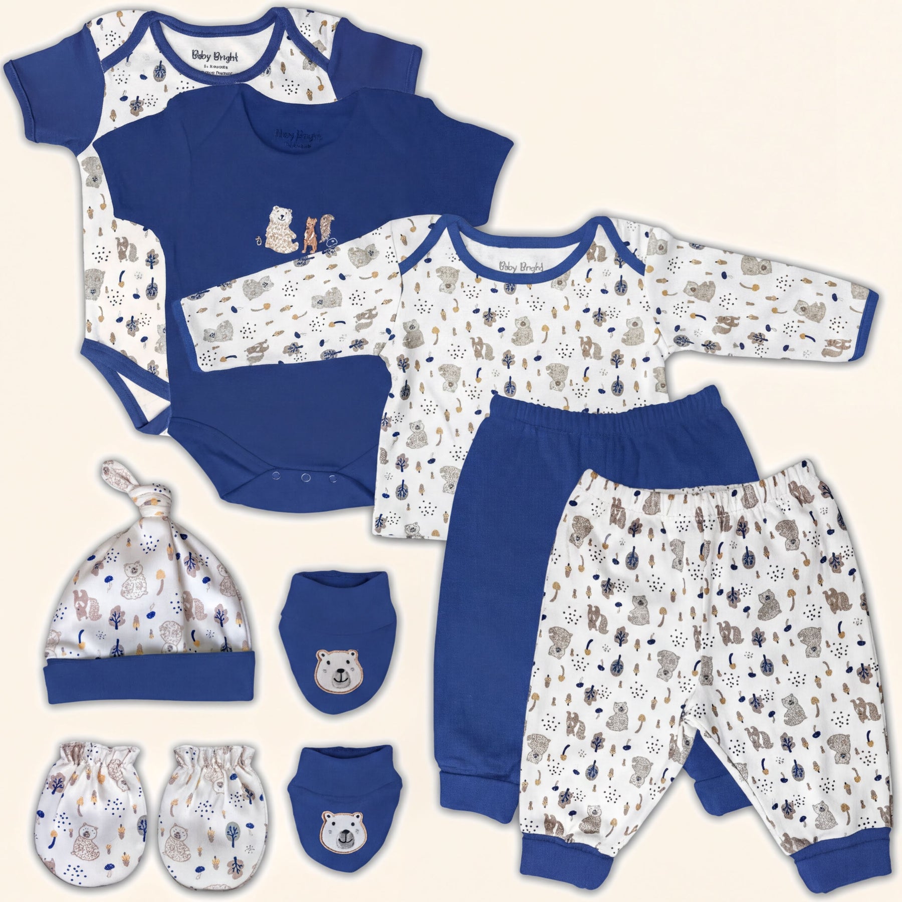 A collection of baby clothing and accessories, including a blue onesie, blue pants, a blue hat, and baby mittens, all featuring a pattern of animals and bears.