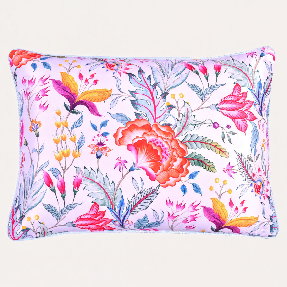Floral printed throw pillow cover in beige and pink, 14 x 20 inches, natural fabric with a vibrant floral design.