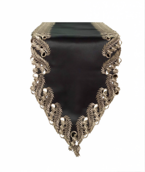 Ebony Bloom Black Gold Table Runner from Anyce Collection, elegant decorative 14x108 inch table runner with intricate pattern.
