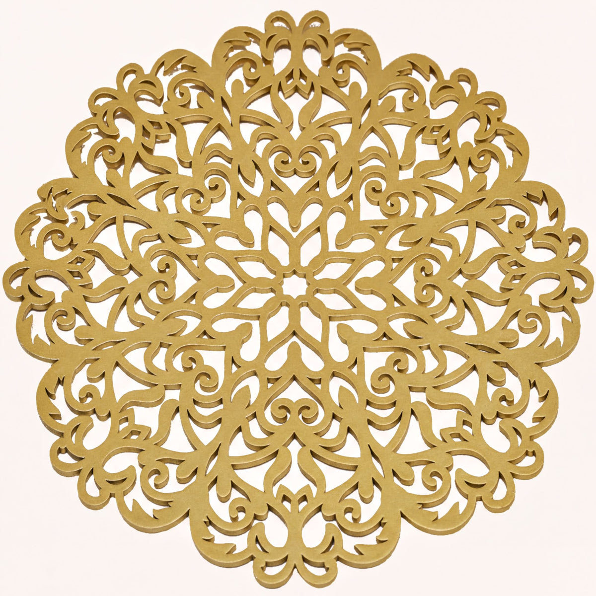 Set of two gold wooden placemats with a natural wood finish, ideal for dining tables and table protection.