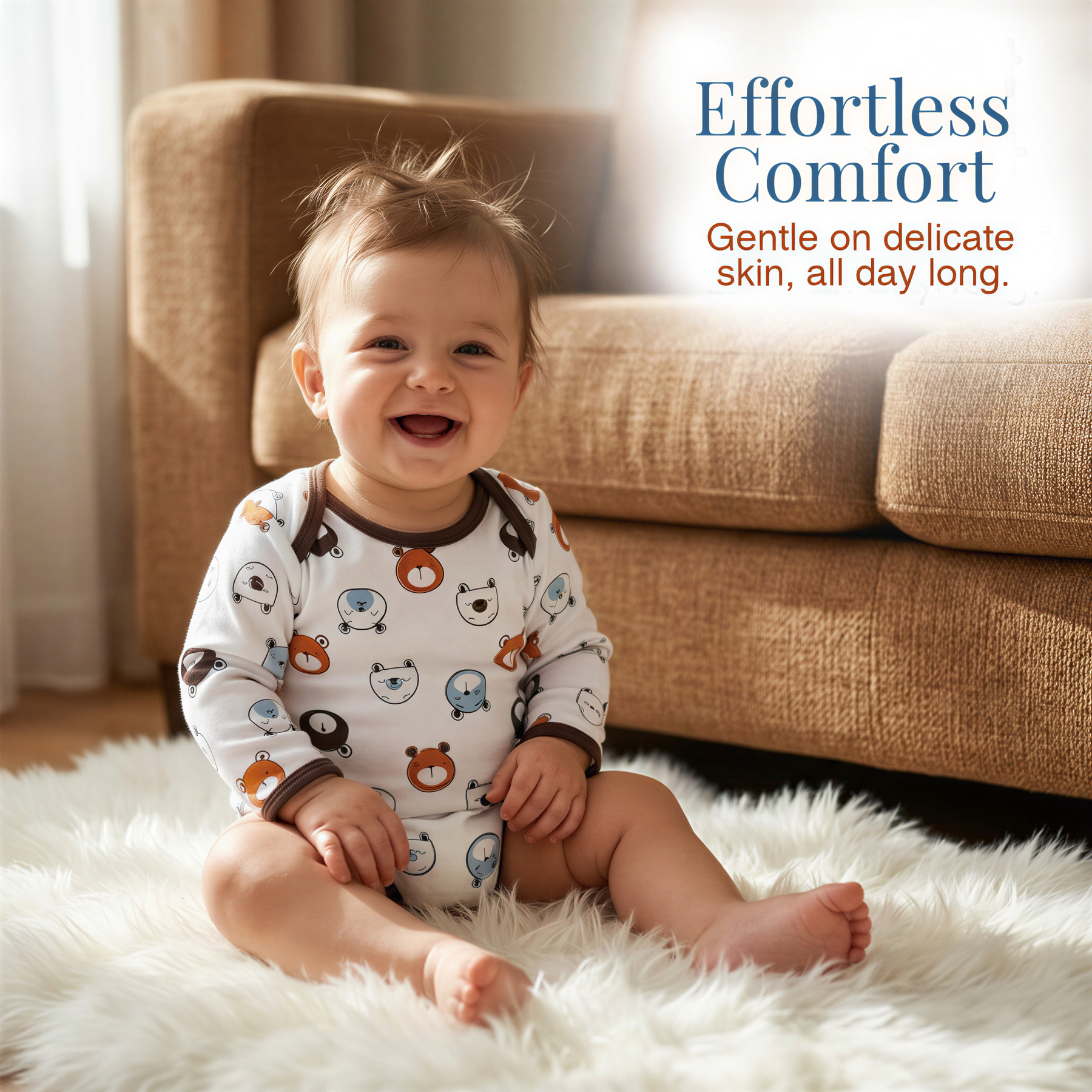 A smiling baby wearing a white onesie with animal designs sits on a white rug in front of a brown couch.