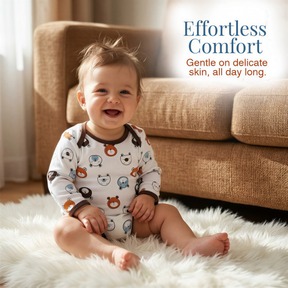 A smiling baby wearing a white onesie with animal designs sits on a white rug in front of a brown couch.
