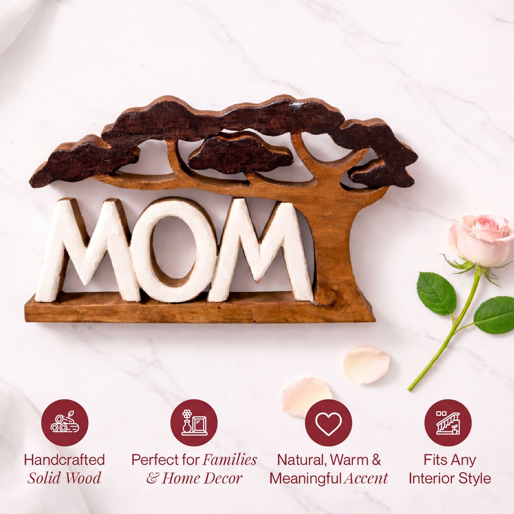 Handmade wooden sculpture titled Graceful Mom, featuring a heartfelt decorative wooden décor piece by LAY024.
