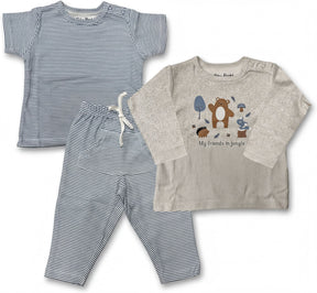 A striped shirt, a pair of striped pants, and a long-sleeved shirt with a jungle-themed design.