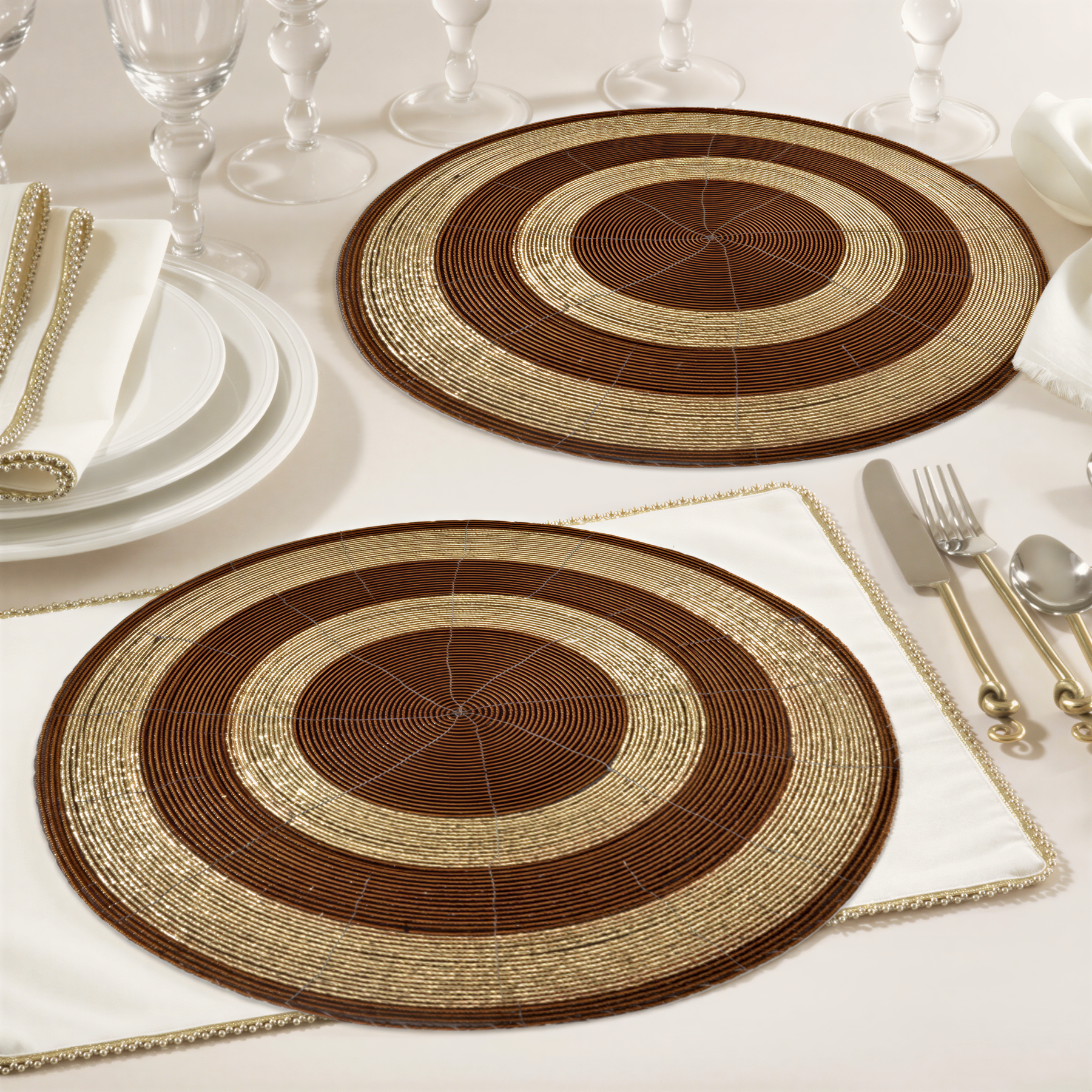 Set of four Dillen Grace beaded placemats from The Dillen Collection, 14-inch elegant decorative table decor for dining.