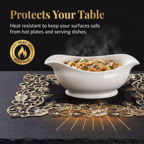 a white bowl filled with food placed on a decorative table runner, with steam rising from the bowl.