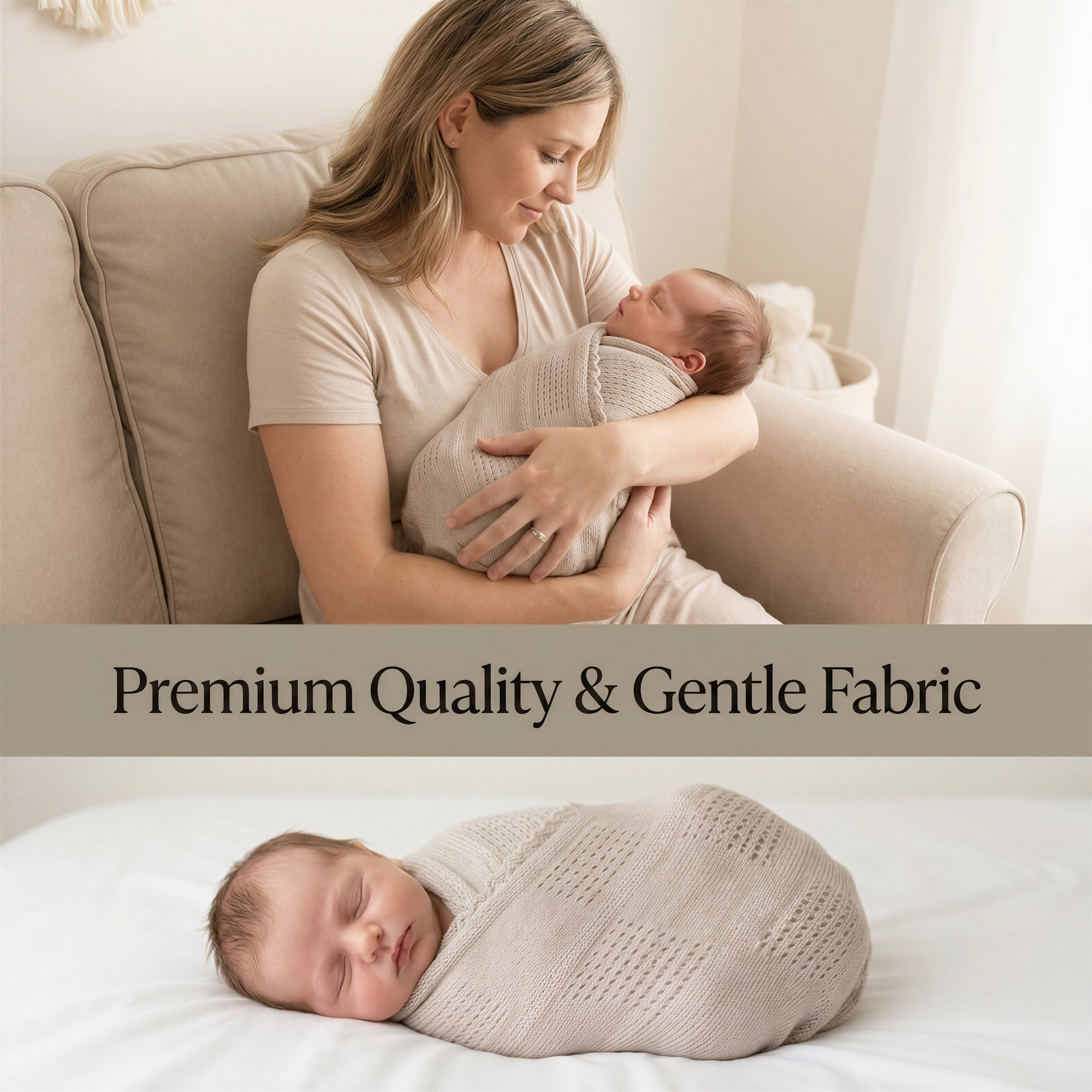 A woman is holding a sleeping newborn baby wrapped in a blanket, with a caption that reads "Premium Quality & Gentle Fabric".
