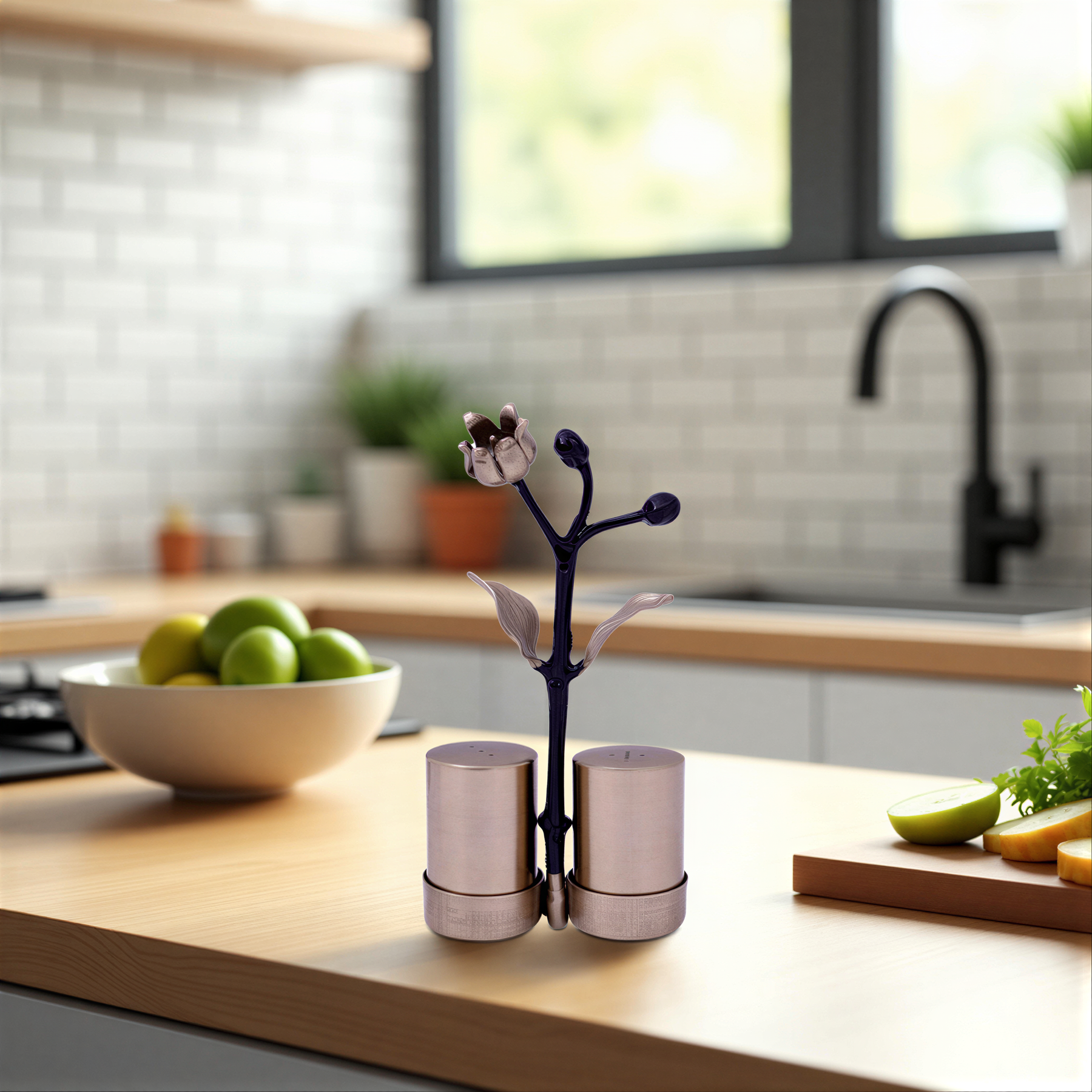 Etched salt and pepper shaker set for kitchen décor, featuring detailed designs in a stylish metal finish.