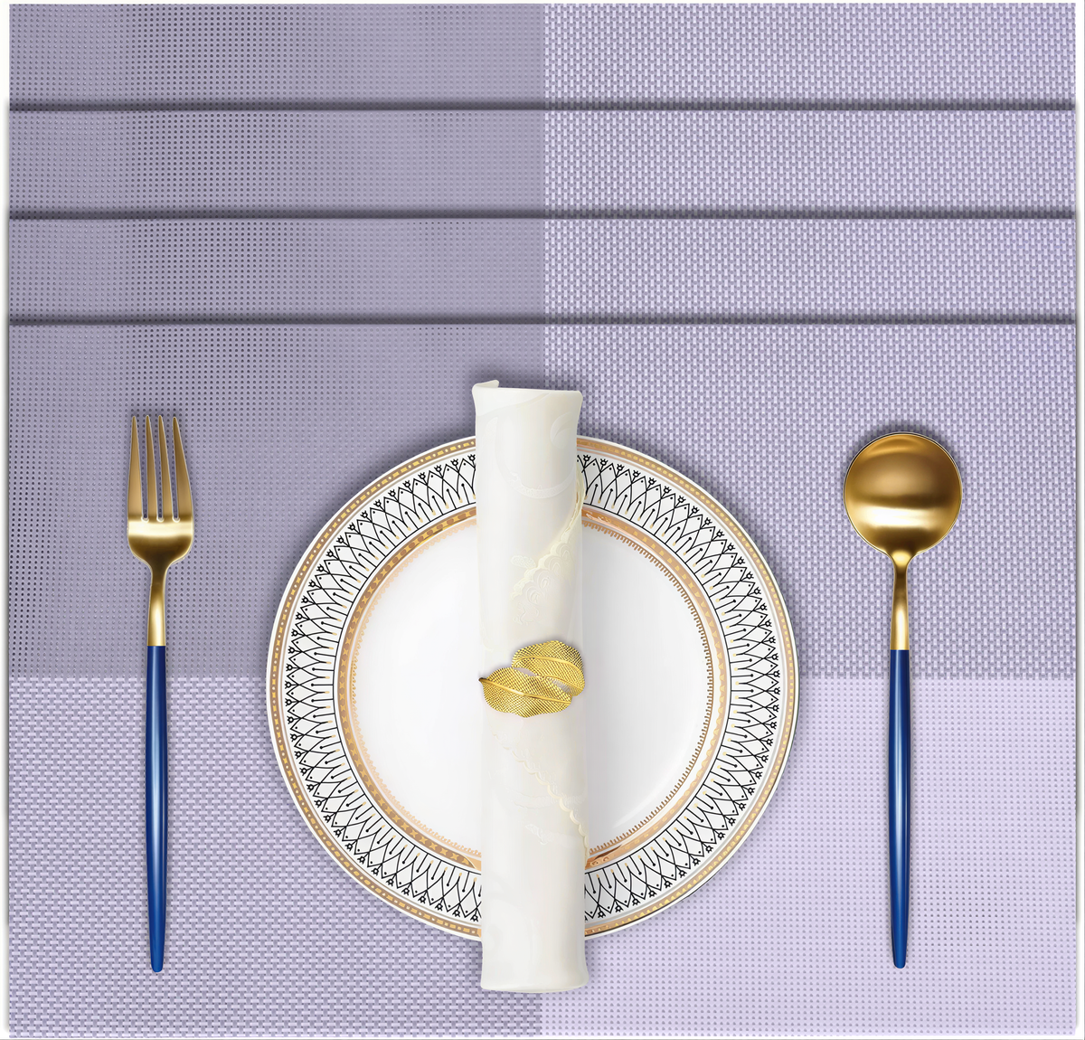 Set of four Notting Hill white and gray PVC placemats, washable and heat resistant, ideal for protecting dining tables.